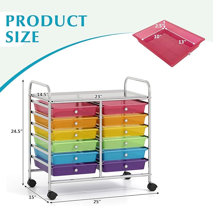 GOFLAME 12-Drawer Rolling Storage Cart, Multifunctional Art Craft Organizer Cart, Mobile Utility Storage Cart with Removable Drawers & Lockable Wheels, Craft Cart for Home Office School, Rainbow