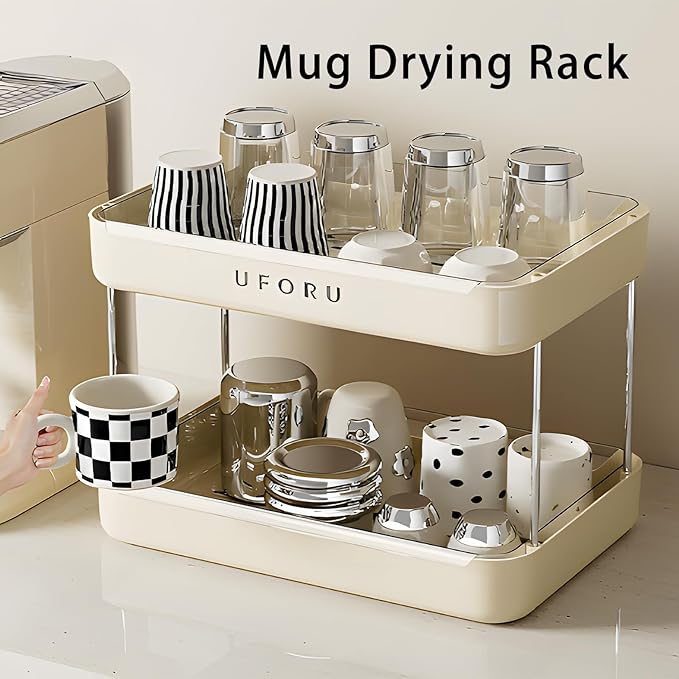 Countertop Coffee Station Organizer, 2 Tier Wine Glass Holder, Mug Shelf with Removable Drain Tray, Spice Rack for Kitchen, Bathroom Countertop Organizer, Cream White