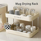 Countertop Coffee Station Organizer, 2 Tier Wine Glass Holder, Mug Shelf with Removable Drain Tray, Spice Rack for Kitchen, Bathroom Countertop Organizer, Cream White