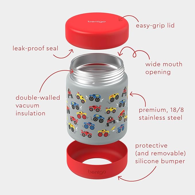 Bentgo Kids Stainless Steel Food Jar - 11oz Leak-Proof Double Insulated Hot or Cold Food Container with Removable Silicone Bumper, Dishwasher Safe, Easy Open Lid, Ages 3+ (Trucks)