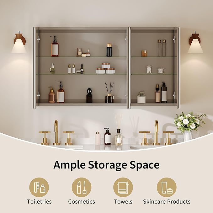 DeerValley Medicine Cabinet with Mirror, 48" W x 26" H Bathroom Mirror with Storage, 3 Doors Frameless Modern Wall Mount Mirrored Medicine Cabinets with 2 Adjustable Shelves DV-1MC0149