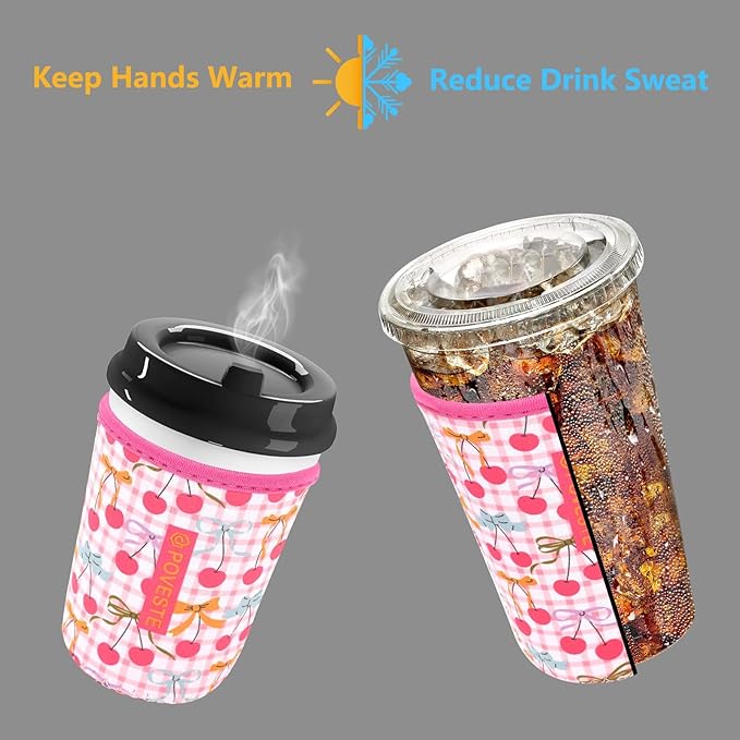 Reusable Neoprene Insulator Sleeve for Iced Coffee & Cold Soda, Coffee Sleeves for Iced & Hot Drinks, Cold Beverage Cooler Compatible with Starbucks, Dunkin (Cherry Picked, Medium: 22-24oz)
