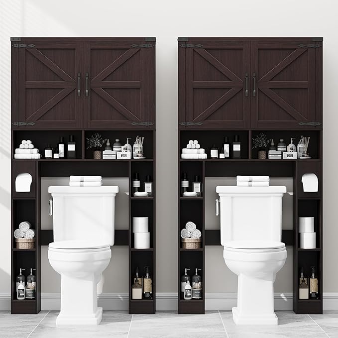 Vabches Over The Toilet Storage Cabinet, Farmhouse Storage Cabinet Over Toilet with 2 Barn Doors ，Toilet Paper Holder Stand，Home Space-Saving Toilet Rack, for Laundry, Restroom, Bathroom(Walnut)