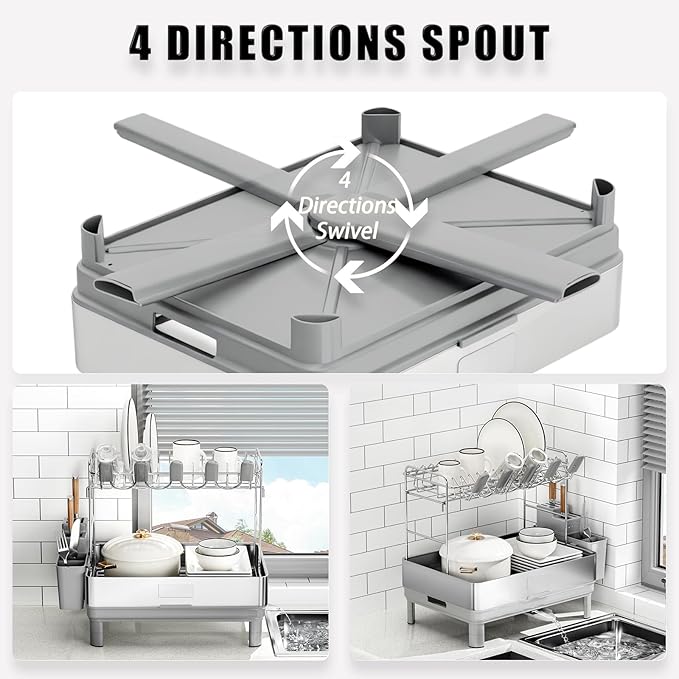Ewaiira Dish Drying Rack, 2 Tier Large Dish Rack, Stainless Steel Dish Drainer for Kitchen Counter, Dishes Rack with Automatic Drainage, Utensil Holder&Cups Holder,Space Saving Kitchen Organizer,Gray