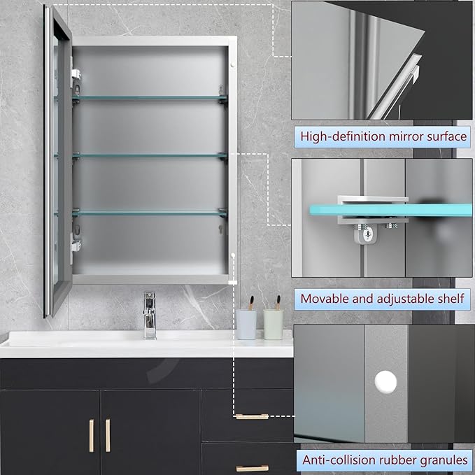 Bathroom Medicine Cabinet, 24x36 inch Mirror Cabinet of Aluminum, Assembly Needed, Surface Mount or Recessed, Medicine Cabinet with Mirror, Adjustable Glass Shelves, Waterproof for Bathroom