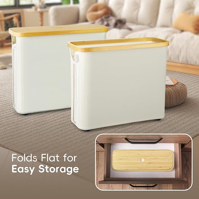 Toilet Paper Storage for Bathroom, Slim Basket Holder with Bamboo Lid, Foldable Organizer with Handle, Freestanding Stand for Small Spaces