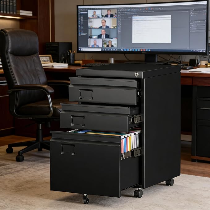 SUXXAN 3 Drawer File Cabinet with Lock, Metal Under Desk Cabinet with Wheels for Office & Home, Legal/Letter Size, Need to Assemble