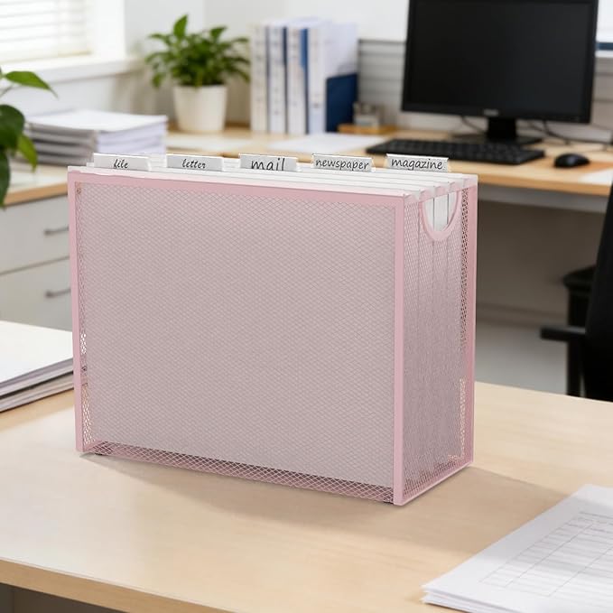 Sinboun Hanging File Organizer Letter-Size File Holder Filing Box Includes 5 Hanging Folders - Metal Mesh Magazine Letter Storage Cabinets File Cart for Office Home School, No Assembly Required Pink