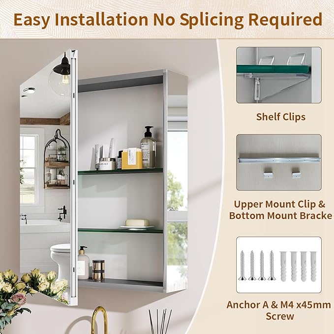 BEAUTYPEAK Bathroom Medicine Cabinet Mirror with Storage, 16 Inch x 24 Inch Silver Medicine Cabinet with Single Door & Adjustable Shelves for Vanity, Tempered, Aluminum Surface, Wall-mount or Recessed