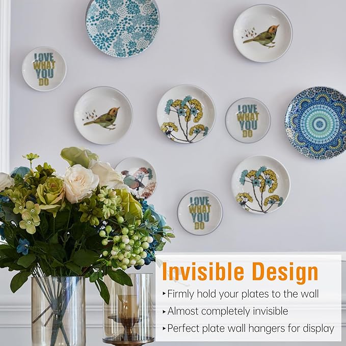 Bilillo 12 Pieces Invisible Wall Plate Hangers 10/12/14 Inches Wall Plate Hangers Stainless Steel Decorative with 12 Pieces Hook with Nails Suitable for 8-16 inch Decorative Antique and Arts(Silver)