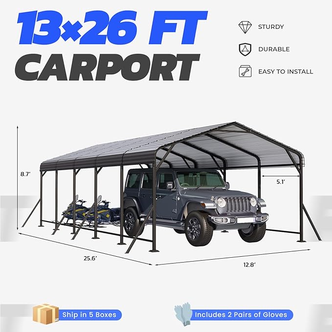 EROMMY13' x 26' Heavy Duty Metal Carport with Galvanized Steel Roof & Base for All-Weather Protection, Outdoor Carport Garage, Versatile for Car, Boat, Tractor, and Party Use, Dark Gray