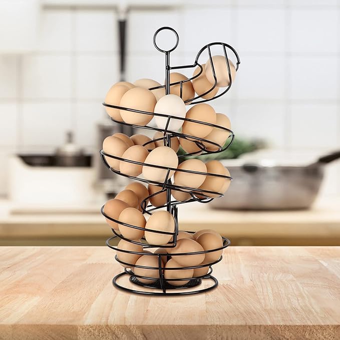QUTREY Black Metal Egg Holder Countertop, Fresh Egg Skelter, Spiral Design Egg Dispenser Rack with Storage Basket for Display Easter Eggs