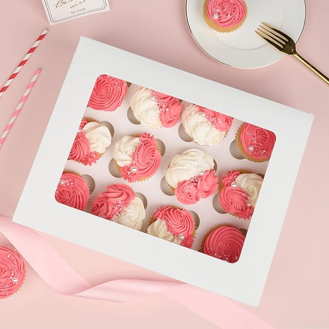 12 Count Cupcake Boxes, 4 Pack Auto-Popup White Cupcake Containers with Window and Inserts Cupcake Carrier with Holders to Fit Dozen Cupcakes and Muffins