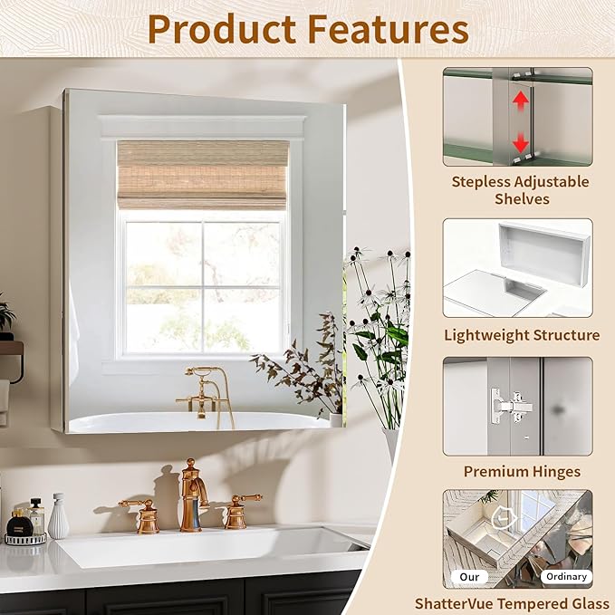 BEAUTYPEAK Bathroom Medicine Cabinet Mirror with Storage, 20 Inch x 24 Inch Silver Medicine Cabinet with Single Door & Adjustable Shelves for Vanity, Tempered, Aluminum Surface, Wall-mount or Recessed