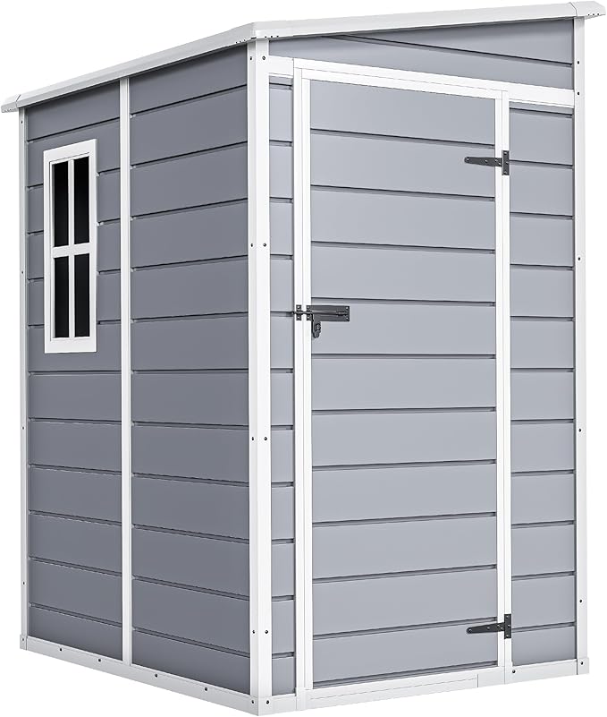 DWVO 5x4 FT Outdoor Storage Shed with Floor, All-Weather Resin Storage Shed with Lockable Door & Window, Waterproof Plastic Tool Storage for Garden, Backyard, Patio, Lawn, Gray
