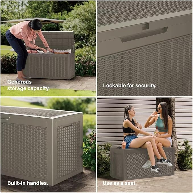 105 Gallon Resin Deck Box, Waterproof Outdoor Storage Bin for Patio Furniture, Pool Accessories, and Garden Tools, Lockable & UV-Resistant, Grey