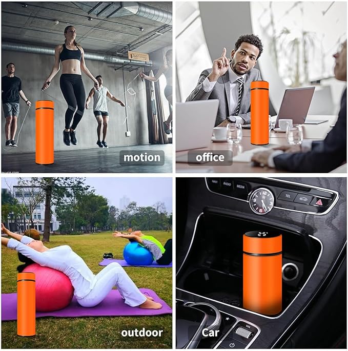 Smart Water Bottle Stainless Steel Vacuum Flask,Travel Mug with Smart LCD Touch Screen, Keep Hot Or Cold, Car Portable Travel Tea Coffee Vacuum Thermo Cup,Insulated Water Bottle (Orange)