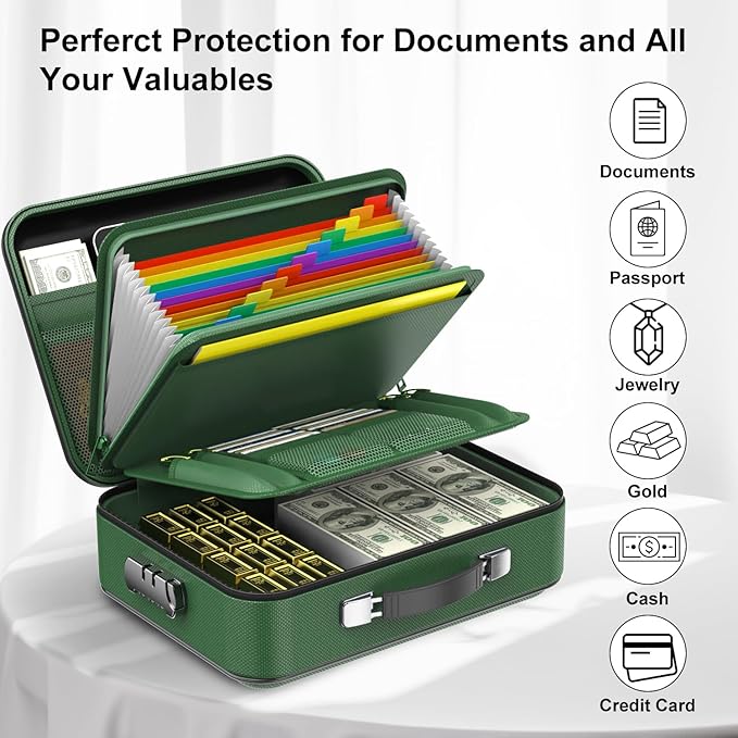 COLCASE Fireproof Document Folder, Hard Fireproof Waterproof Document Box with Lock Creative Hard-Shell Design Fireproof Document Box for Important Documents Certificates Laptop Passports Green