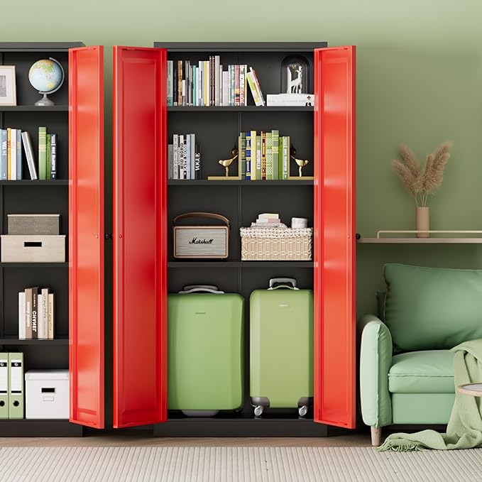 INTERGREAT Metal Storage Cabinet with Magnetic Doors, 63" H Traditional European Style Metal Cabinets with 2 Doors and 4 Adjustable Shelves for Home Office, Kitchen, Bathroom (Black Red)