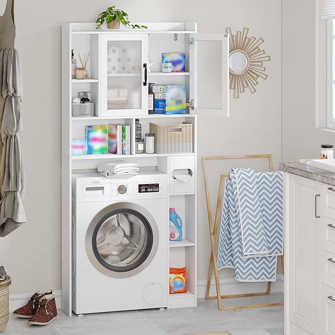 Vabches Over The Toilet Storage Cabinet, Farmhouse Storage Cabinet Over Toilet with Acrylic Doors，Home Space-Saving Toilet Rack, for Bathroom, Restroom, Laundry, White