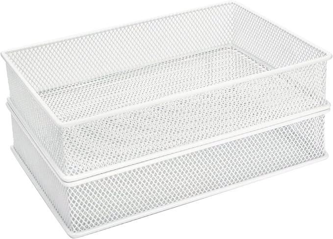 Annova Mesh Stackable Drawer Cabinet and Shelf Organizer Bins Storage Basket School Office Supply Holder Tray- Set of 2 (White, 6x9x2 Inch)