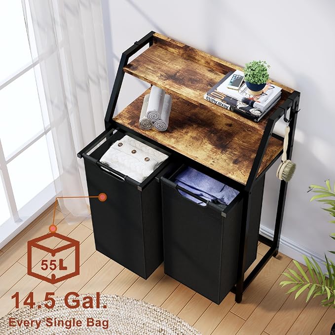 Laundry Hamper, Laundry Sorter 2 Section, Rolling Laundry Basket with Wheels, 2 Shelves, 2 × 14.5 Gal, Pull-Out and Removable Oxford Fabric Bags, for Laundry Room,Black and Rustic Brown