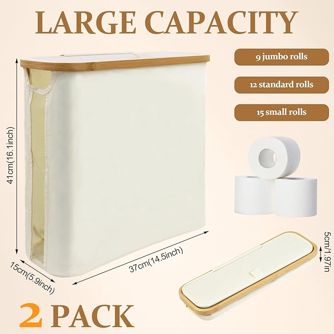 KASURE 2 PCS Toilet Paper Storage with Lid and Handle for 12 Rolls Foldable Toilet paper holder with storage Lightweight Basket for Toilet paper Organizer for bathroom with Feet for Towel Toys Beige