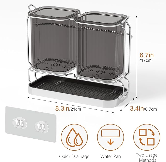 Utensil Holder Counter, 6.7" Plastic Silverware Caddy, Utensil Holder for Party, 2 Cup Flatware Organizer for Kitchen Wall Mount, Forks Spoons Knives Storage with Drain Tray (Black)