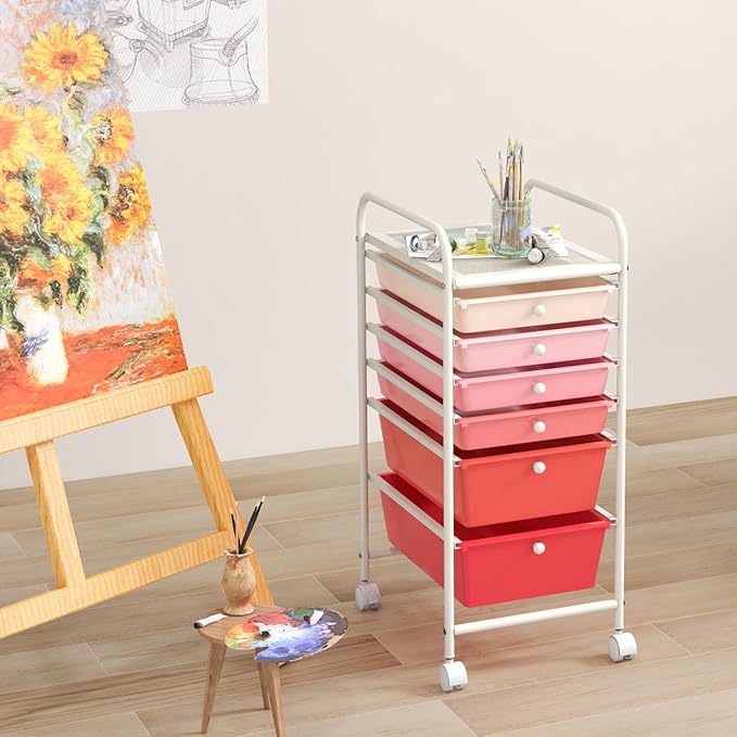 GOFLAME 6-Drawer Rolling Storage Cart, Multifunctional Art Craft Organizer Cart, Mobile Utility Storage Cart with Removable Drawers & Lockable Wheels, Craft Cart for Home Office, School, Pink