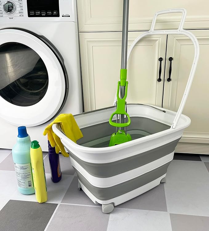 SAMMART 35L (9.24 Gallons) Collapsible Plastic Laundry Basket with Handle and Wheels - Foldable Pop Up Storage Container/Washing Tub - Space Saving (1, White/Grey)