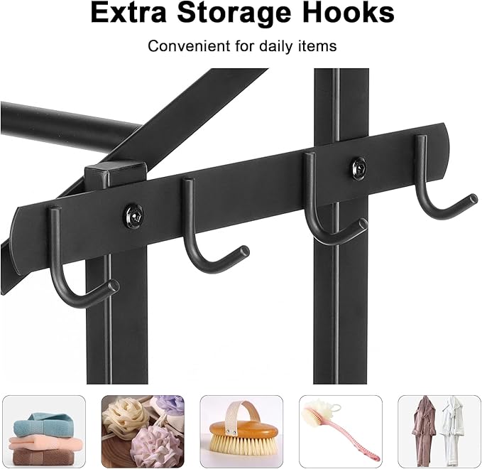 HarJue Towel Rack for Bathroom, 36” H Towel Holder Stand, Bath Towels Sheet Holder with Marble Base, Standing Rack for Home Pool Outdoor Floor, Store Family Member Towels (Black, 36” H-Hooks)
