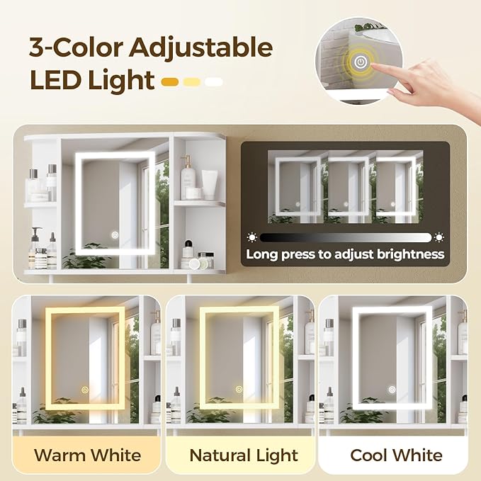 Bathroom Wall Cabinet with Mirror, Mirrored Medicine Cabinet with 3 Colors LED Light and 4 Open Shelves, Wall Mounted Over Toilet Storage Cabinets with Adjustable Shelf, 21.7"L x 6.7"W x 18.1"H, White