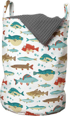 Ambesonne Fish Laundry Bag Pack of 2, Colorful Ocean Fish Cartoon Pufferfish Blowfish Exotic Japanese Cuisine Theme, Hamper Basket with Handles Drawstring Closure, 13" x 19", Aqua Brown