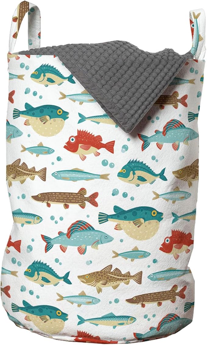 Ambesonne Fish Laundry Bag Pack of 2, Colorful Ocean Fish Cartoon Pufferfish Blowfish Exotic Japanese Cuisine Theme, Hamper Basket with Handles Drawstring Closure, 13" x 19", Aqua Brown