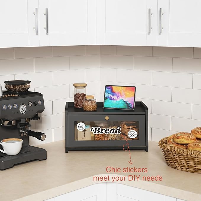 Black Bread Box for Kitchen Countertop, Small Vintage Counter Top Breadbox, Homemade Bread Storage Container for Sourdough Loaf, Farmhouse Wooden Corner Kitchen Counter Organizer for Cabinet