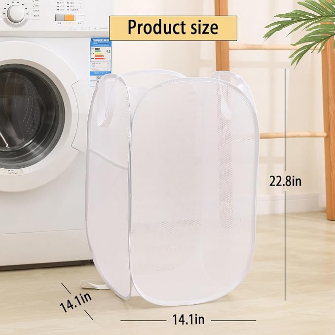 Collapsible Mesh Laundry Basket，Pop Up Laundry Hamper-Easy Storage, Ideal for Home and Travel Use (2 white)