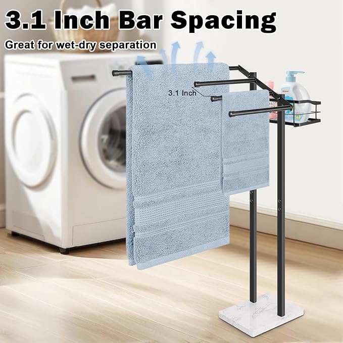 HarJue Towel Rack for Bathroom, 36” H Towel Holder Stand, Bath Towels Sheet Holder with Marble Base, Standing Rack for Home Pool Outdoor Floor, Store Family Member Towels (Black, 36” H-Basket)