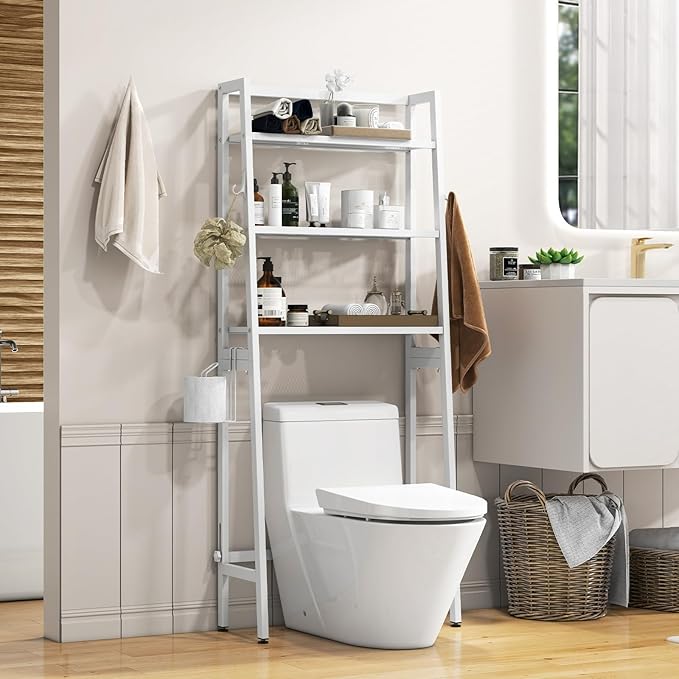 Tangkula Over-The-Toilet Storage Rack, 3-Tier Freestanding Bathroom Space Saver Shelf w/ 2 Hanging Hooks & Toilet Paper Holder, Metal Above Toilet Storage Rack for Bathroom Laundry (White, 62.5”H)