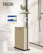 Freestanding Toilet Paper Holder Stand with Shelf for Up to 12 Rolls,Rustproof Metal Bathroom Toilet Paper Storage with Lid, All-in-One Toilet Tissue Roll Dispenser and Organizer,Beige