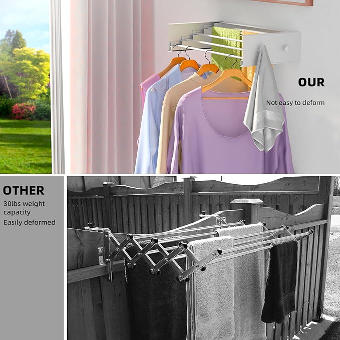 Upgrade Small Wall Mounted Drying Rack with 4 Hooks, 23.6" Compact Foldable Laundry Rack for Apartment, Space Saving Collapsible Design, Includes Template for Small Bathroom & Balcony (White)