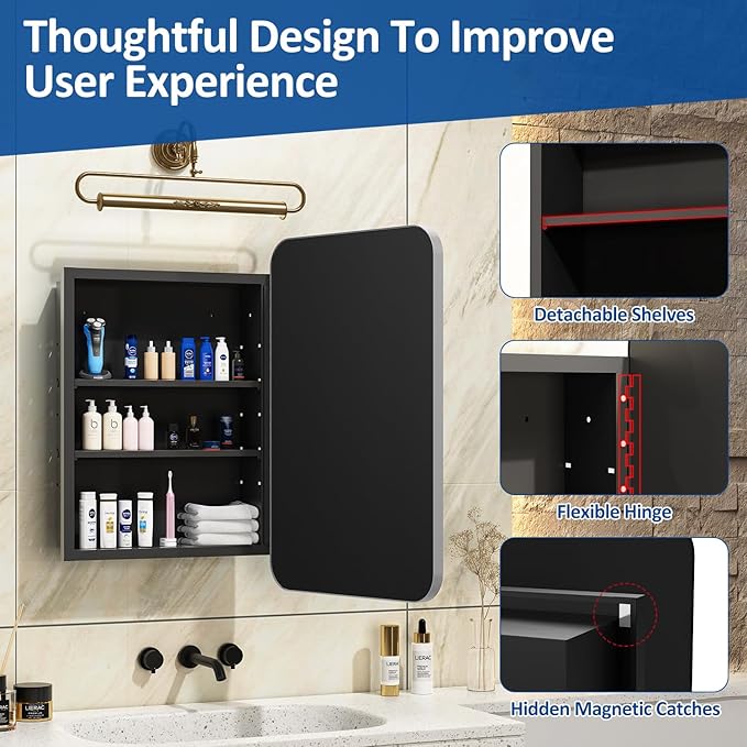 20x28 Inch Brushed Silver Recessed Medicine Cabinet with Mirror Metal Framed Surface Wall Mounted Bathroom Medicine Cabinet Mirror with Storage