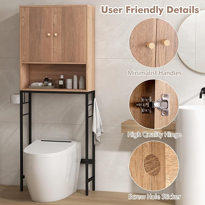Tangkula Over The Toilet Storage Cabinet, Bathroom Space Saver Organizer with 2 Doors, Metal Stand, 2 Side Hooks, Freestanding Above Toilet Storage Cabinet for Restroom Laundry (Natural)