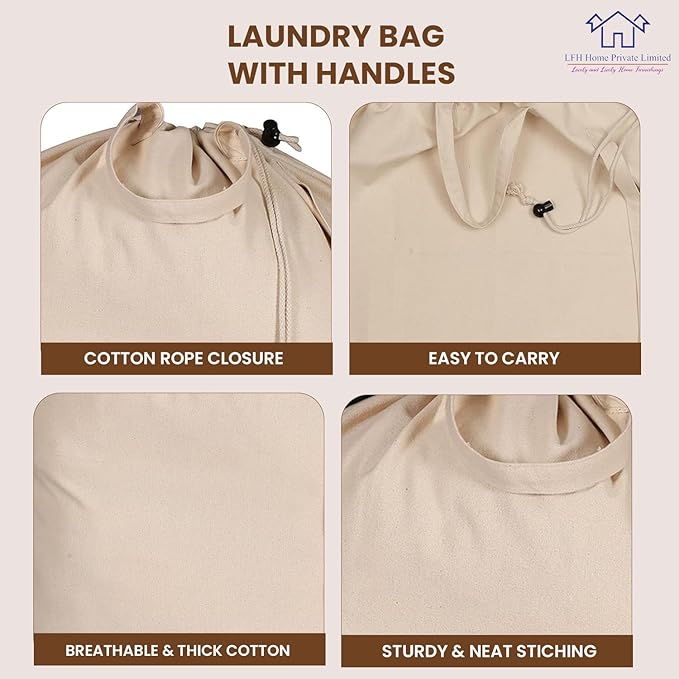 LFH Home Cotton Canvas Extra Large Laundry Bag with Handle, Heavy Duty Drawstring Closure Washable Laundry Bags School Travel, Home, Hotel, College Dorm, Organizer Sack, 24x36-Natural