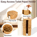 FairyHaus Wicker Toilet Paper Storage Basket with Lid, 3 Rolls Natural Water Hyacinth Toilet Paper Holder with Storage, Handwoven Toilet Paper Holder Stand Basket for Bathroom
