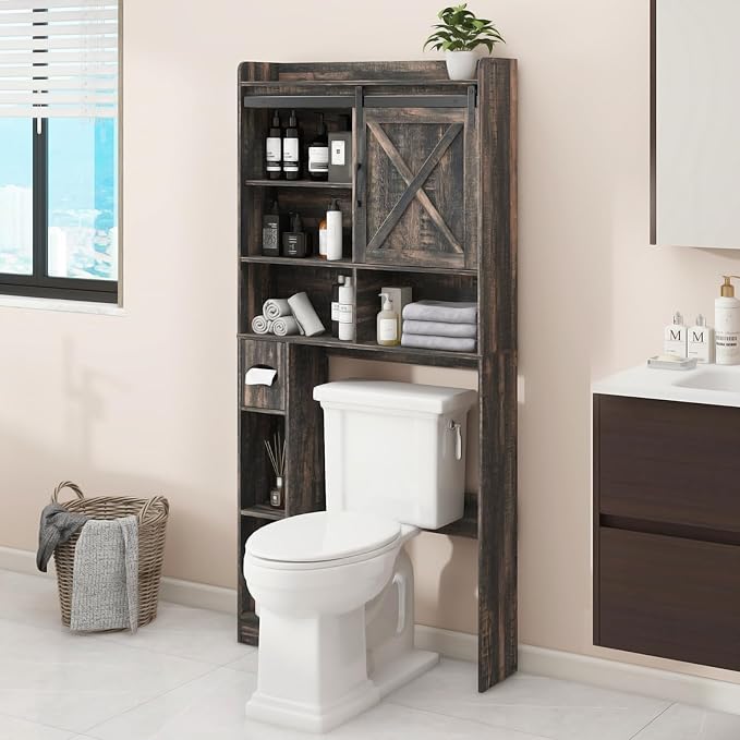 Over The Toilet Storage Cabinet, Farmhouse Storage Cabinet Over Toilet with Sliding Doors & Toilet Paper Holder Stand，Home Space-Saving Toilet Rack, for Bathroom, Laundry(Dark Grey)