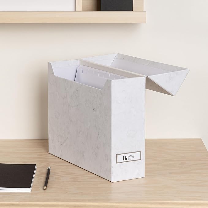 Bigso Lovisa Fiberboard Label Frame 12 File Storage Box - Paperwork Storage Box with Metal Label Holder - Durable Document Organizer with Flip Top Lid - 3.7in x 13in x 9.4 in - Marble