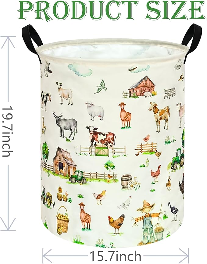 Farm Pattern 19.7 Inch Round Laundry Clothes Hamper Laundry Basket with Handles,Storage Organizer Bins Laundry Gift Basket for Room, Bedroom Decor