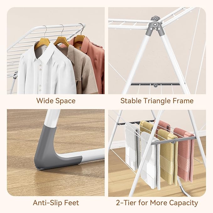 APEXCHASER Clothes Drying Rack, Foldable Drying Rack Clothing, Sturdy Metal Laundry Drying Rack, Height-Adjustable Gullwing, Easy to Fold, Space-Saving, for Indoor Outdoor, White