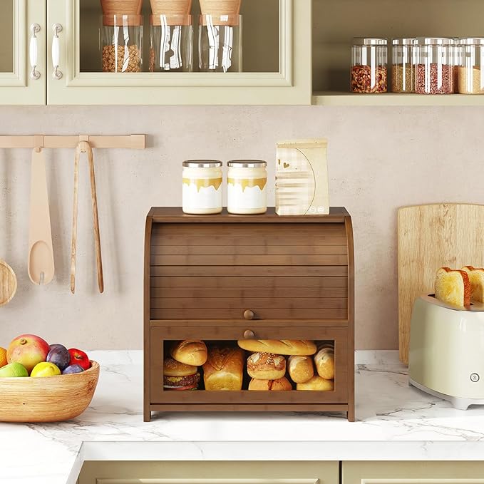 HOOBRO Bread Box, Bamboo Bread Box for Kitchen Countertop, 2 Tier Roll-Top Bread Bin, Food Storage Box, Large Capacity Keeper, Wooden Storage Cabinet, for Kitchen, Dining Room, Brown BR13MB01