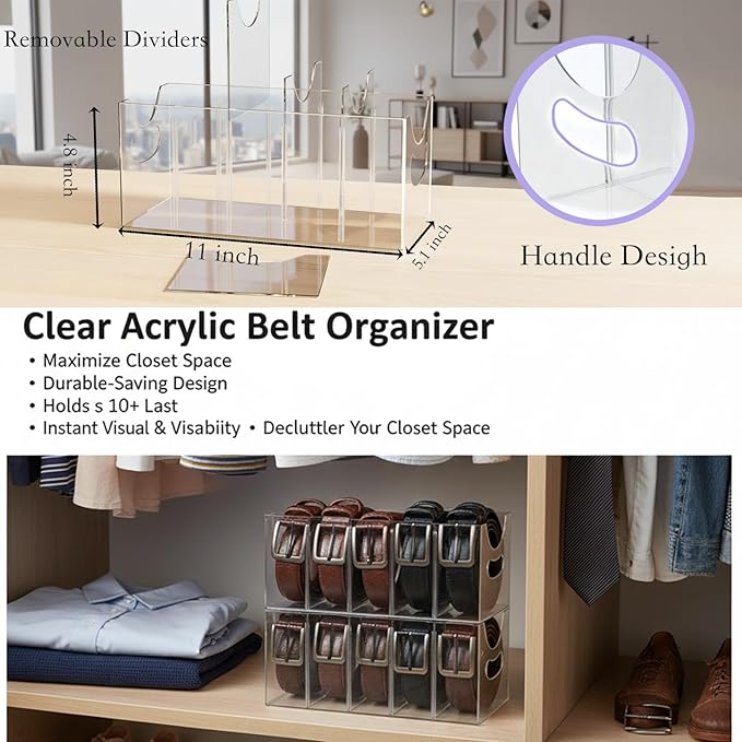 Belt Organizer 2pack,Acrylic Belt Organizer for Closet with Removable Dividers - 5 Compartments & Handles Drawer organization and storage for Purse,underwear, Socks, and Ties (2)